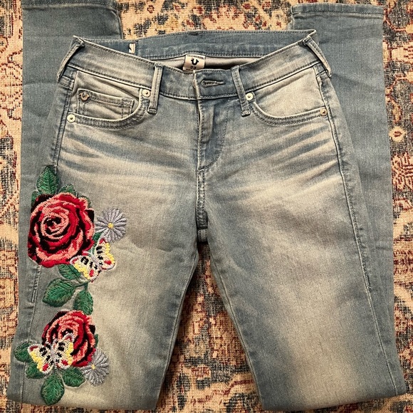 True Religion Women's Skinny Jeans - Blue with Red Floral Embroidery - Picture 1 of 14